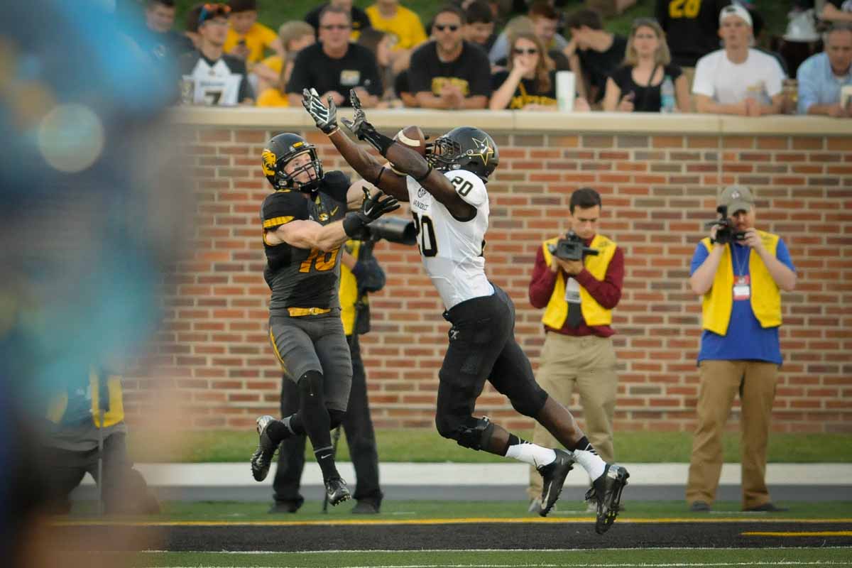 Wide receiver Wesley Leftwich goes for a reception in the end zone before the play was broken up by a Vanderbilt defender.
