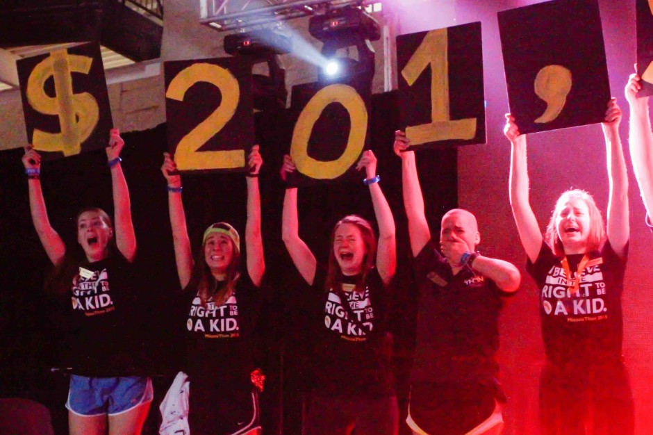 MizzouThon leaders hold up numbers reading $201,322.68.