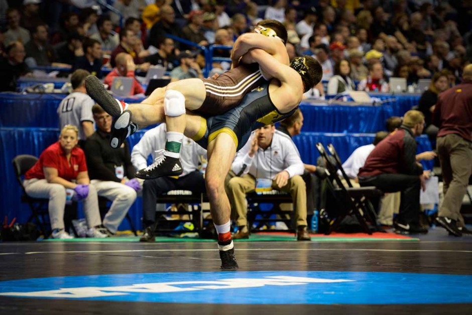 Freshman Willie Miklus returns Lehigh's Nathaniel Brown to the mat in the 184-pound weight class.