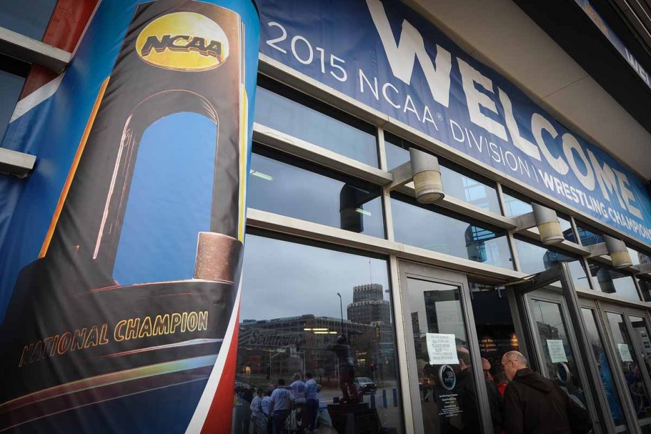 Fans enter the Scottrade Center in downtown St. Louis for the 2015 NCAA DI Wrestling Championships.