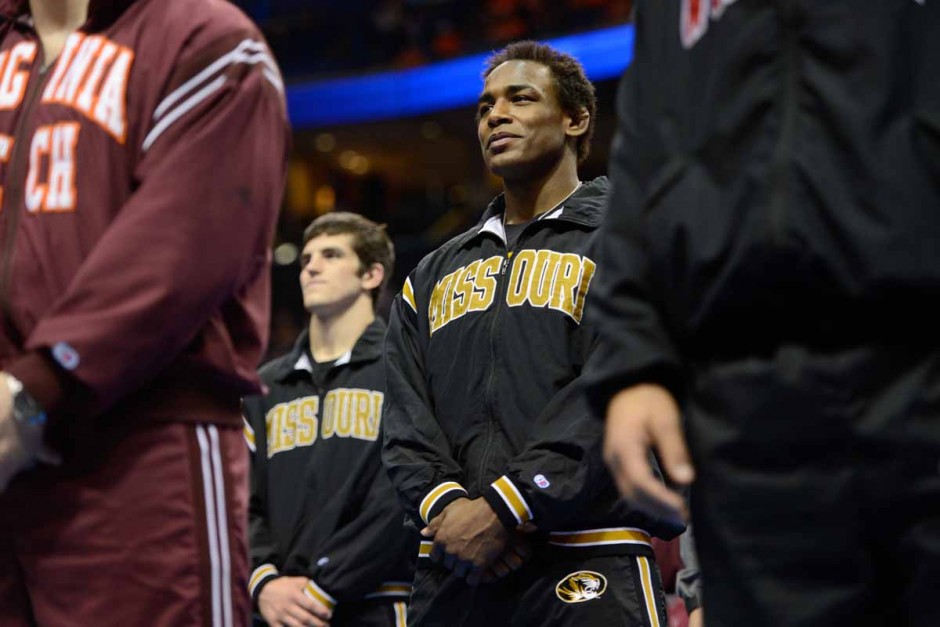 Before the championship finals begin, sophomore J'Den Cox and Willie Miklus stand on the main stage will all eighty All-Americans.
