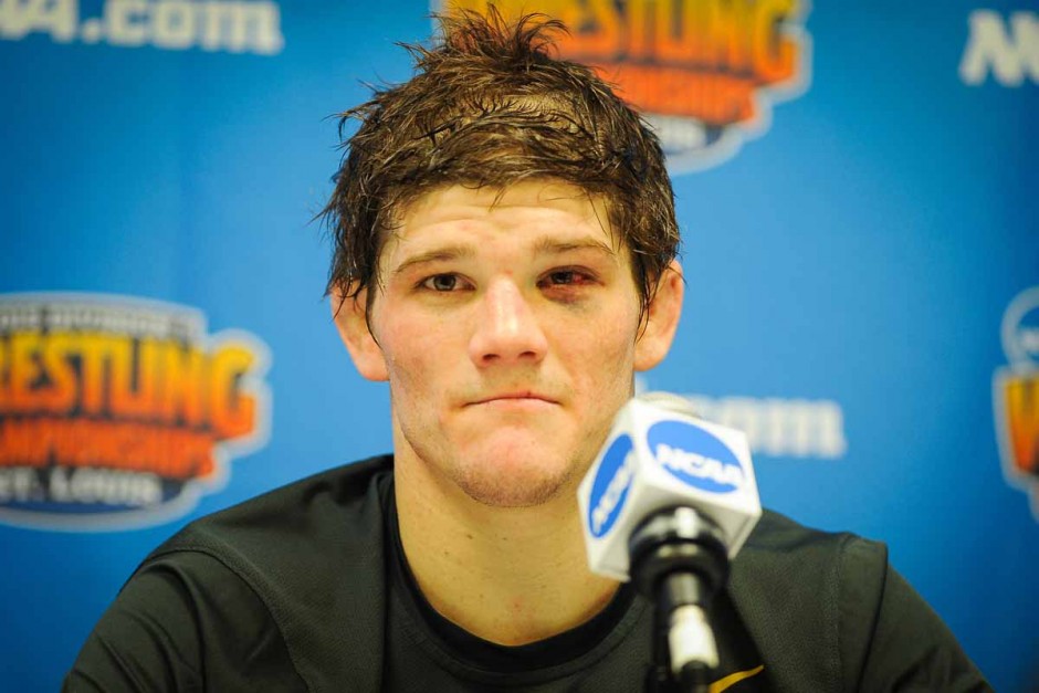Minutes after becoming a national champion, Drake Houdashelt attends a press conference where he answers questions from the media.