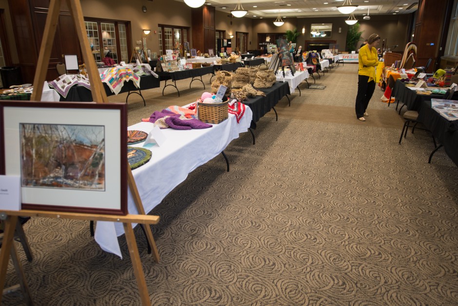 Tables and tables of art fill Stotler Lounge in Memorial Union where passers-by can take-in all the goods until Thursday, May 21, at 3 p.m.