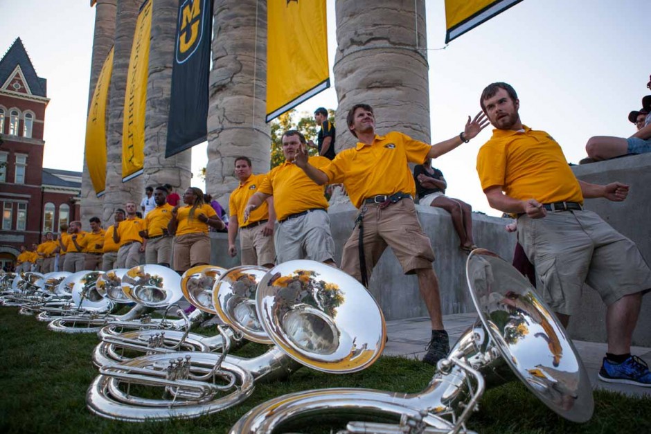 Marching Mizzou's tuba players dance, showing off their shimmy-ing moves and getting into the Tiger spirit Sunday evening at Tiger Walk. Photo by Tanzi Propst.