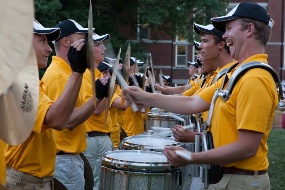 The Mizzou Drumline teams up with the cymbals near the end of their performance on the Quad Sunday evening. Photo by Tanzi Propst.
