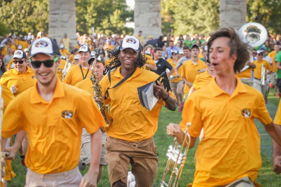Marching Mizzou members lead the run to Tiger Stripe ice cream. Photo by Rob Hill.