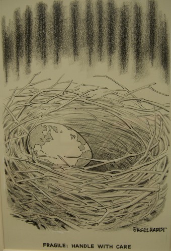 A 1971 cartoon representing the earth as an egg in a bird’s nest. The caption reads, “Fragile: Handle with Care.”