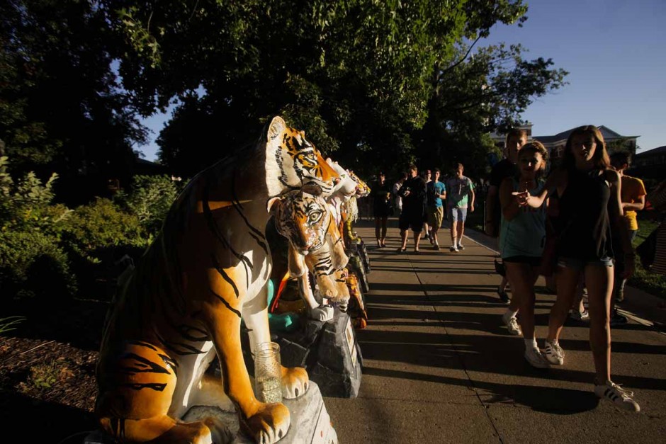 Tigers on the Prowl fundraiser and charity display 10 tiger statues on Francis Quadrangle Sunday evening. On October 2nd 2015 the tiger statues will be auctioned off at an event hosted by Kim and Melissa Anderson. Photo by Nic Benner.