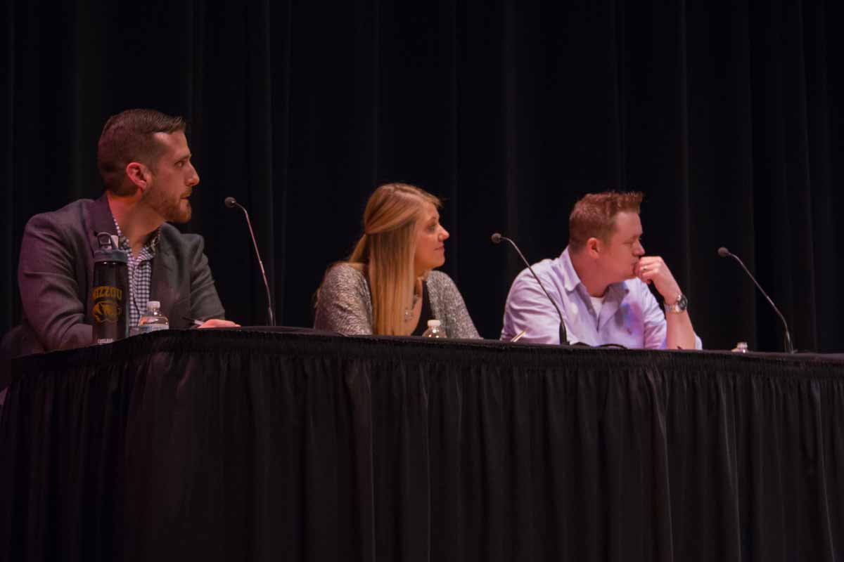 Judges Ryan Gavin, left, Carley Eslick, center, and Tim Hanson, right, introduce the qualities they are looking for in each contestant's performance for Mizzou Idol 2016. Photo by Casey Scott.