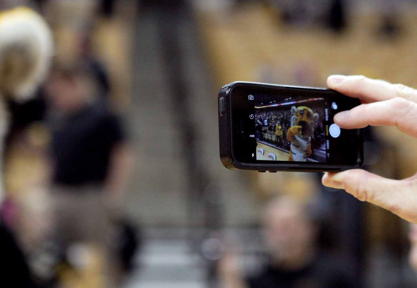 A member of the media snaps a photo of Truman the Tiger on his iPhone to post to social media before the game against Alabama Thursday evening, Feb. 11, 2016.