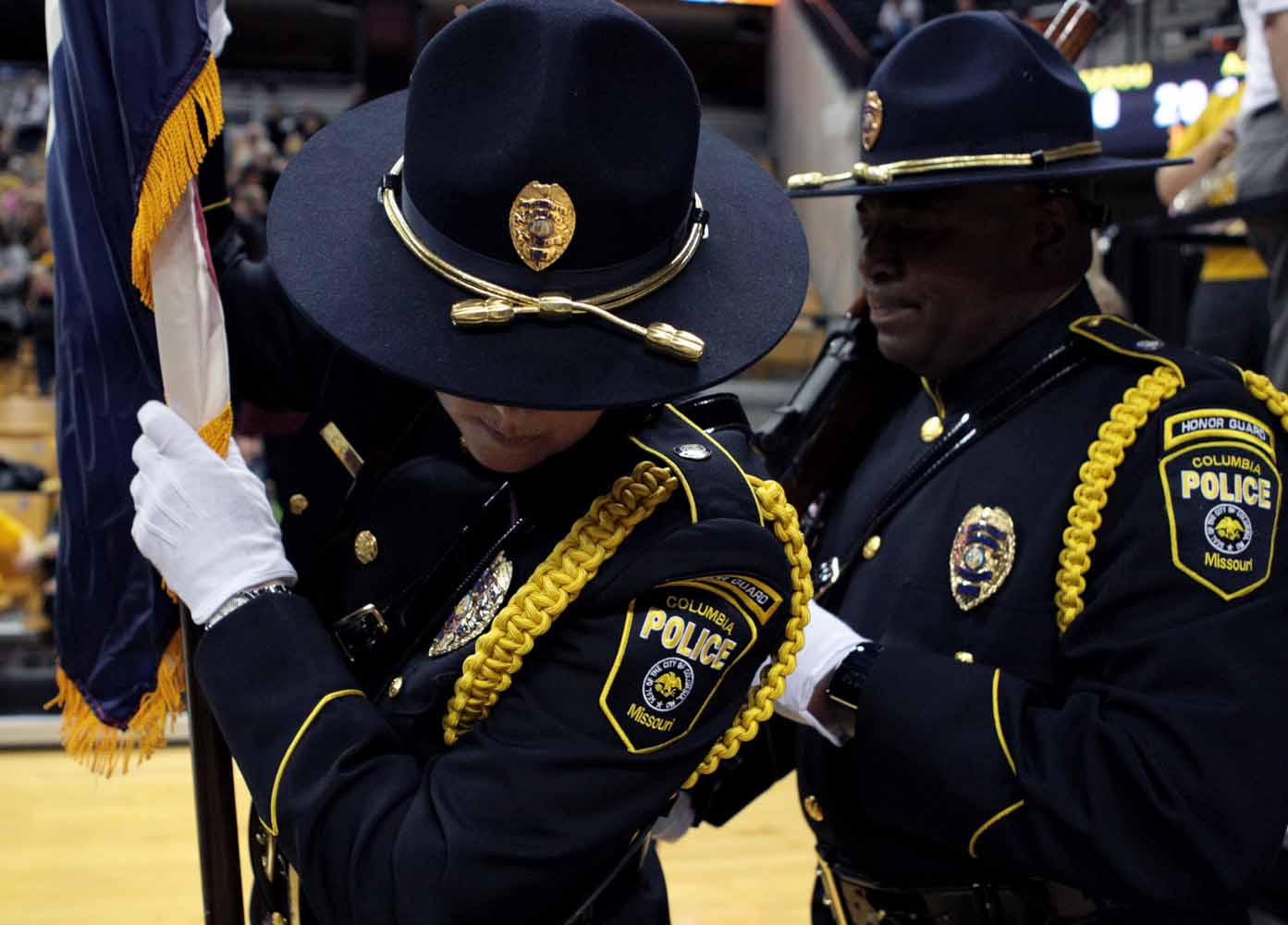 Members of the Honor Guard prepare to take the court for the singing of the National Anthem Thursday evening, Feb. 11, 2016 at Mizzou Arena.