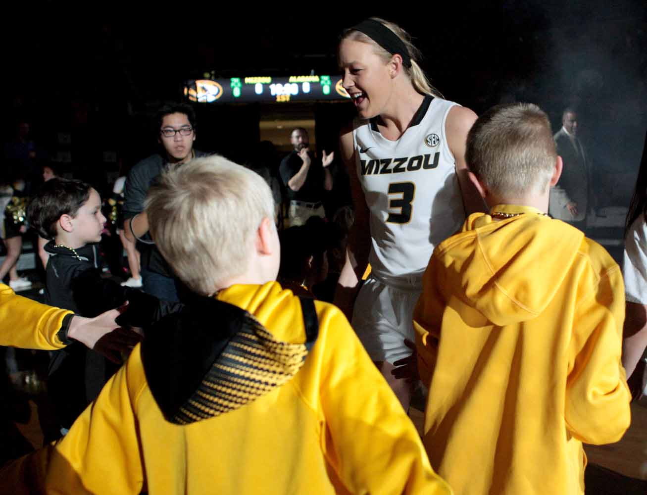 Sophie Cunningham (3) runs onto the court, greeting fans, after being called in Mizzou's starting lineup against Alabama Thursday evening, Feb. 11, 2016.