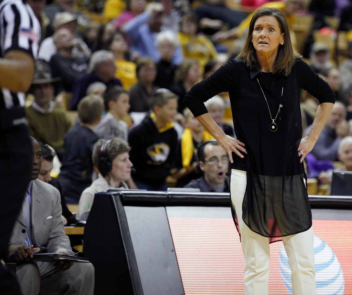 Mizzou Women's Basketball Head Coach Robin Pingeton stares at a referee in disbelief about a call made against the Tigers in the second half of the game against Alabama Thursday evening, Feb. 11, 2016.