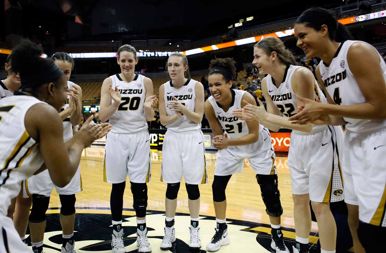 The Mizzou Tigers celebrate together mid-court following the conclusion of their 63-52 win over Alabama Thursday evening, Feb. 11, 2016.