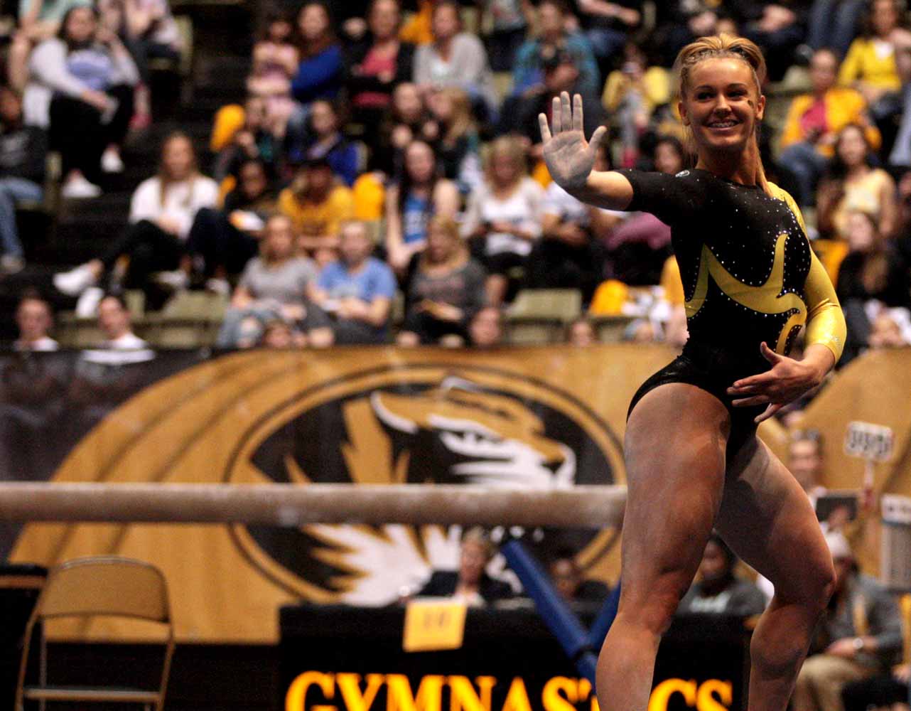 Mizzou freshman Morgan Porter poses during her floor routine performance Friday evening, Feb. 19, 2016 at the Hearnes Center near the end the gymnastics competition against the University of Florida.