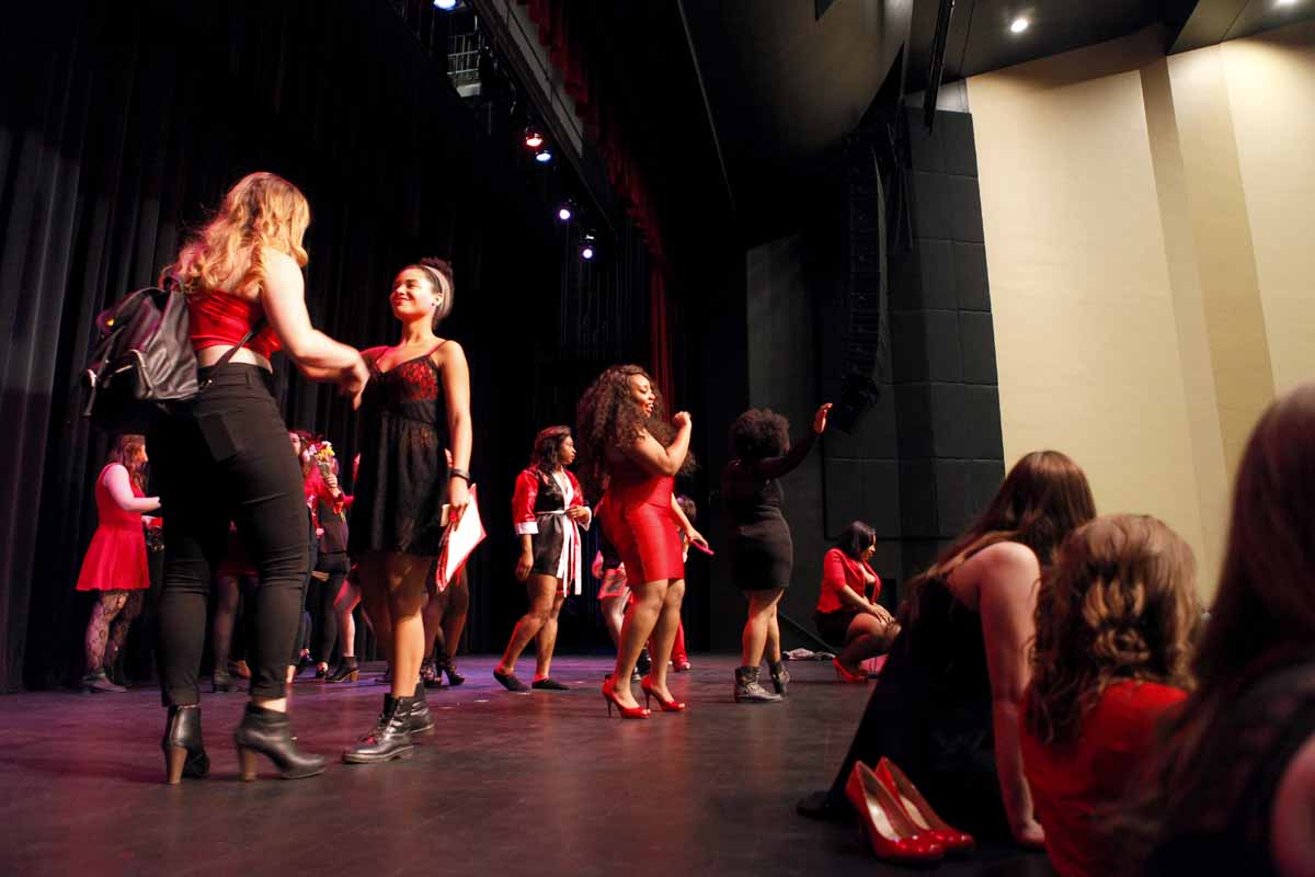 Actresses of the Vagina Monologues dance on stage to "Shake It Off" by Taylor Swift at the conclusion of the show Saturday evening, Feb. 27, 2016 in Jesse Auditorium.