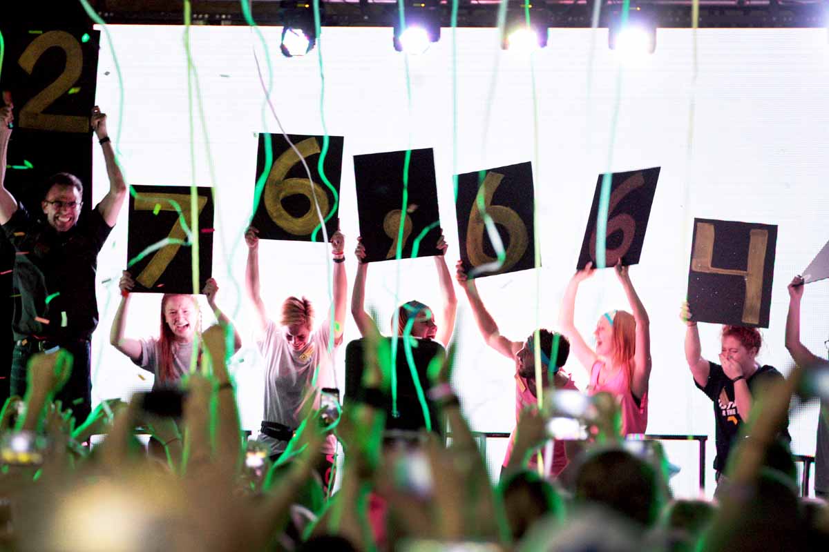 The final fundraising number is revealed by members of MizzouThon leadership as confetti falls over the dancers at the end of the main event Sunday, March 13, 2016. This year was another record-breaker for the largest student-run philanthropy on campus — raising $276,664.11.