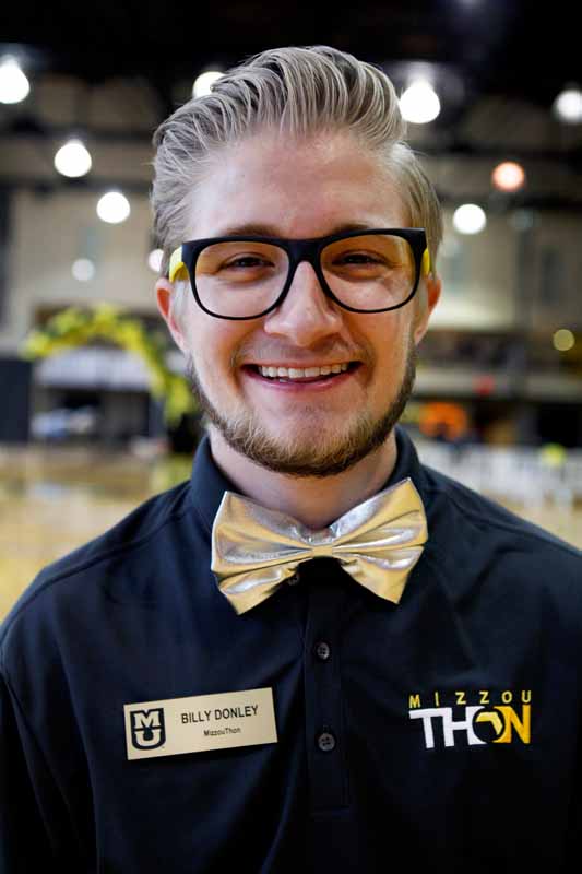 Sophomore Billy Donley shows off his shiny silver bowtie and Mizzou-themed sunglasses (minus the glass) before MizzouThon’s main event Saturday morning. Donley is also RHA president.