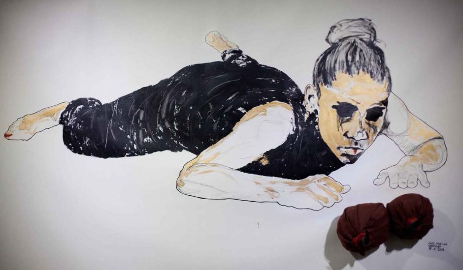 Mixed-media painting of a woman lying face-down with smudgy black eyes.
