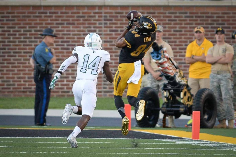 Sophomore wide receiver Emanuel Hall completes a 36-yard reception and scores Mizzou's first touchdown.