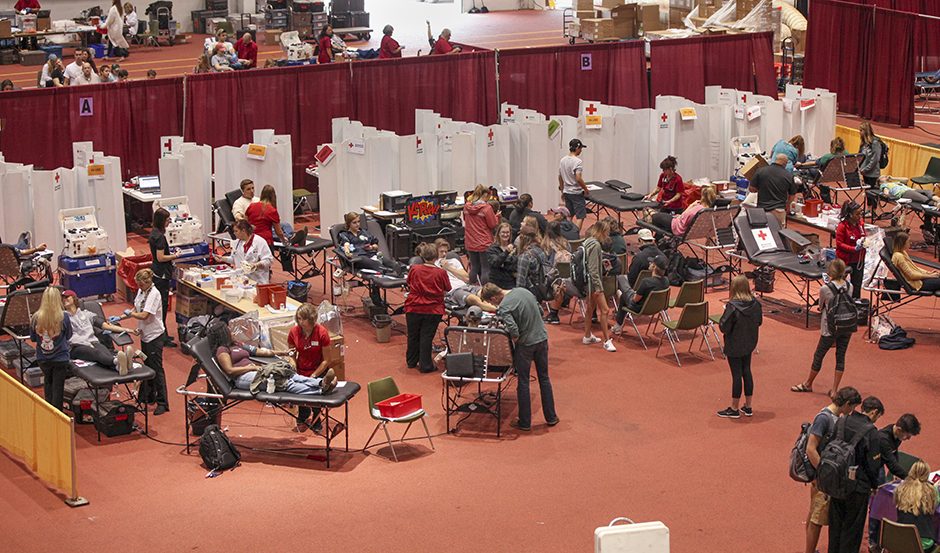 MU students and staff participate in the Homecoming Blood Drive at the Hearnes Center fieldhouse. Photo by Rob Hill