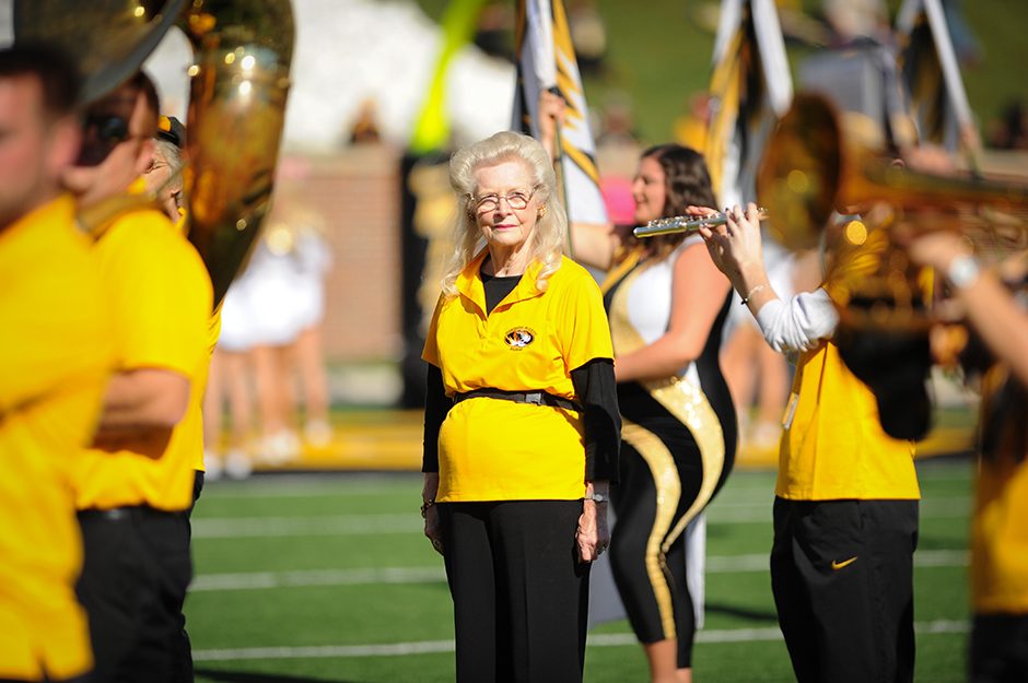 Alumni members of Marching Mizzou return to Faurot Field to perform as part of Homecoming festivities. Photo by Shane Epping.