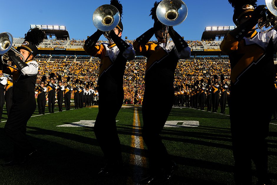 Members of Marching Mizzou perform during half-time. Photo by Shane Epping.