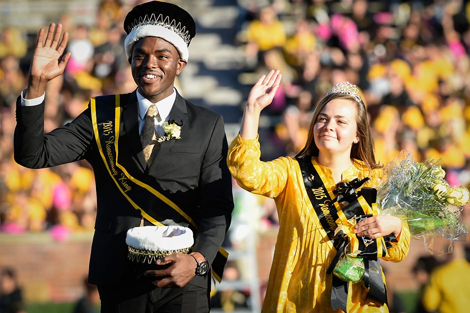 Mizzou’s 2015 Homecoming King and Queen, Payton Head and Allison Fitts, wave to the crowd and prepare to crown this year’s royalty. Photo by Shane Epping.