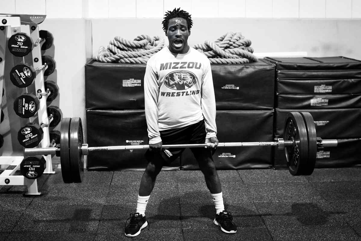Barlow McGhee, 125-pound redshirt junior, completes a set of dead lifts in the Mizzou weightlifting room. Barlow is a 2014 SEC First-Year Honor Roll member and a 2016 MAC Champion. He fell one win short of All-American status at the 2016 Championships in New York City.