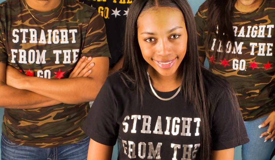 Group of students wearing T-shirts that say "Straight from the Go"