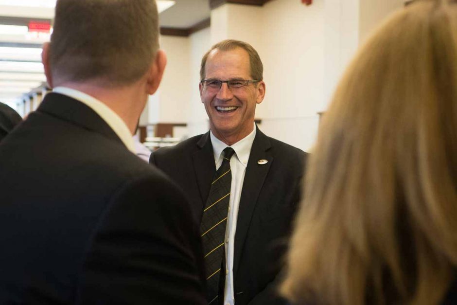 Mizzou athletic director Jim Sterk shares a laugh with Chancellor Cartwright during the reception that followed the press conference.