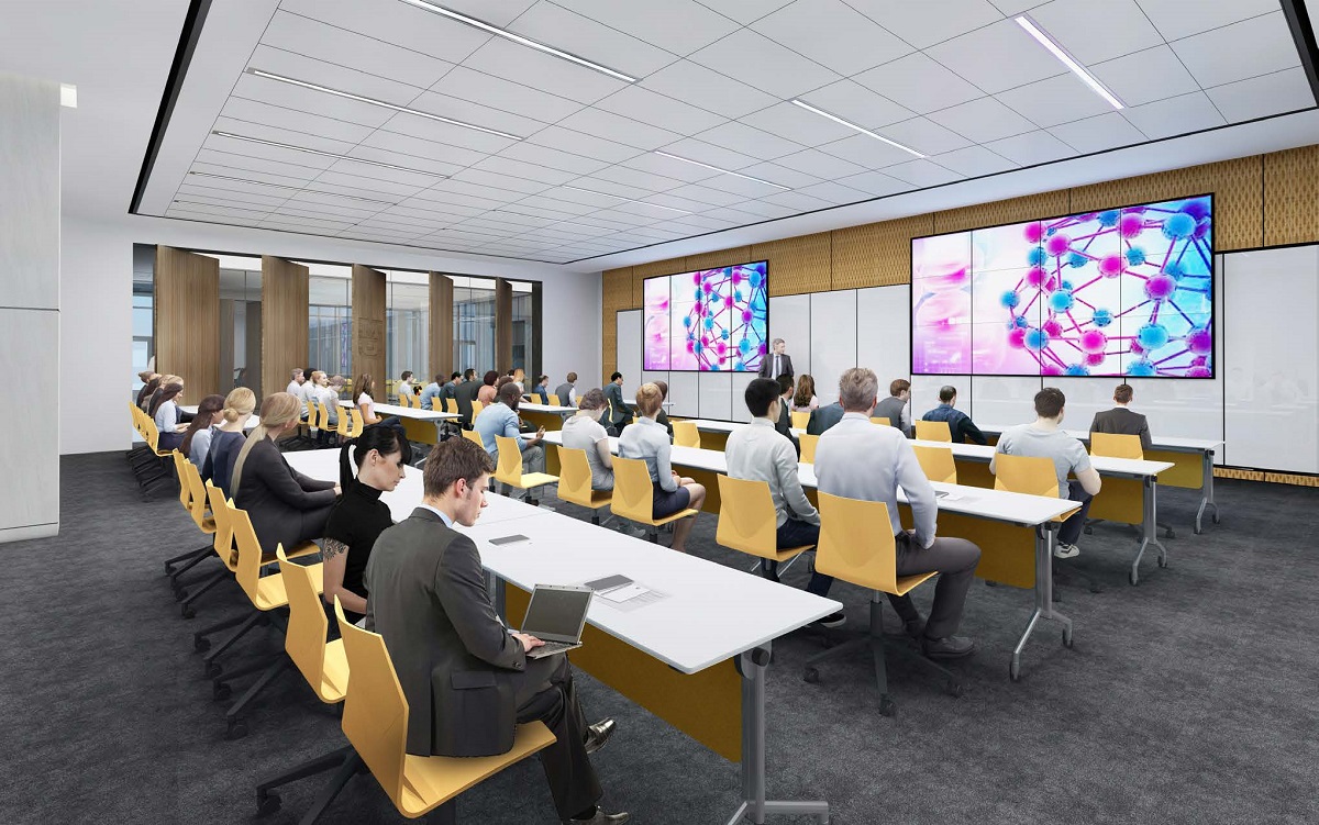 Artistic rendering of people using a shared collaboration workspace in the new building