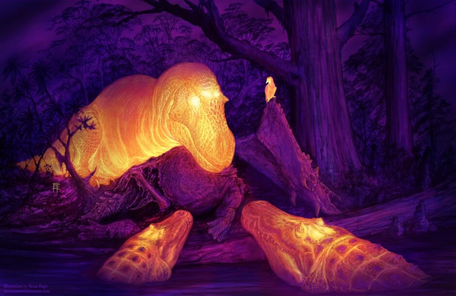 A graphic thermal image of a T. rex in a stand off with two giant crocodiles. The dorsotemporal fenestra on the T. rex is glowing. Illustration courtesy of Brian Engh.