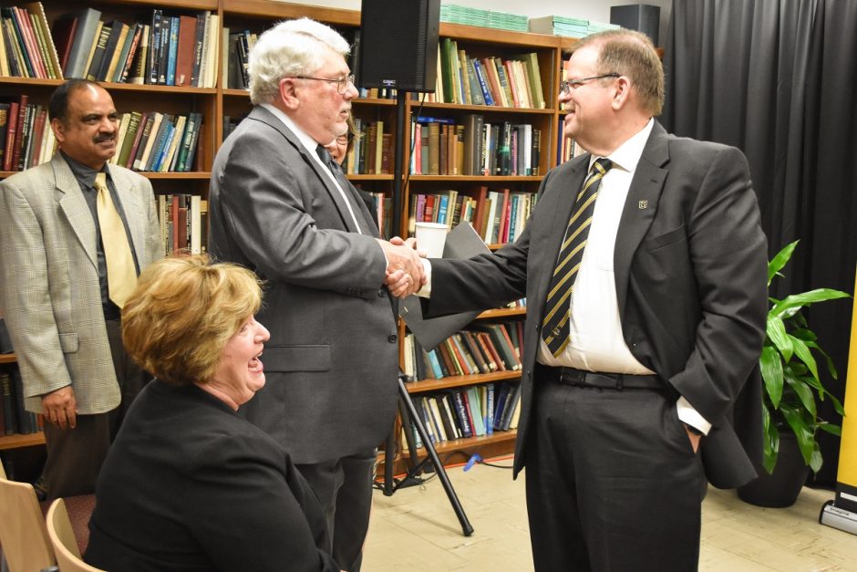 MU Chancellor Alexander N. Cartwright thanks Ronald J. Boain after Boain announced his $1.28 million to the Department of Physics and Astronomy in the College of Arts and Science.