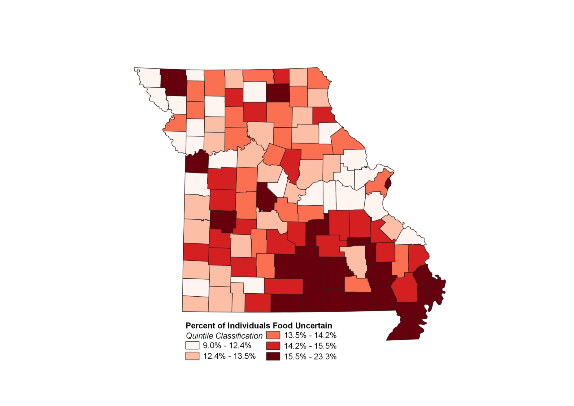 Color coded map showing food insecurity by percentage of population on a county basis. 