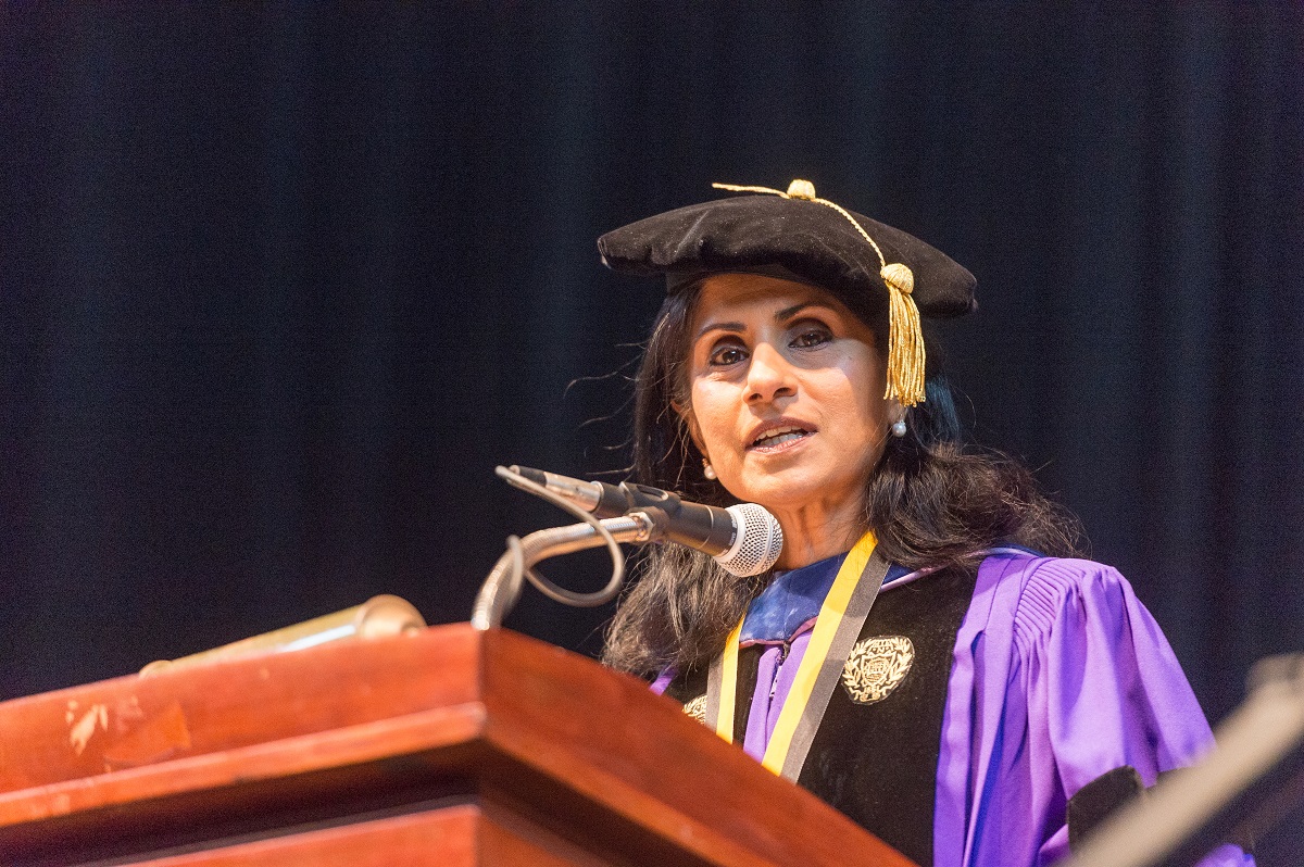 Provost Latha Ramchand speaking during the Mizzou Honors Ceremony in May. Provost Ramchand will be speaking during many December ceremonies.