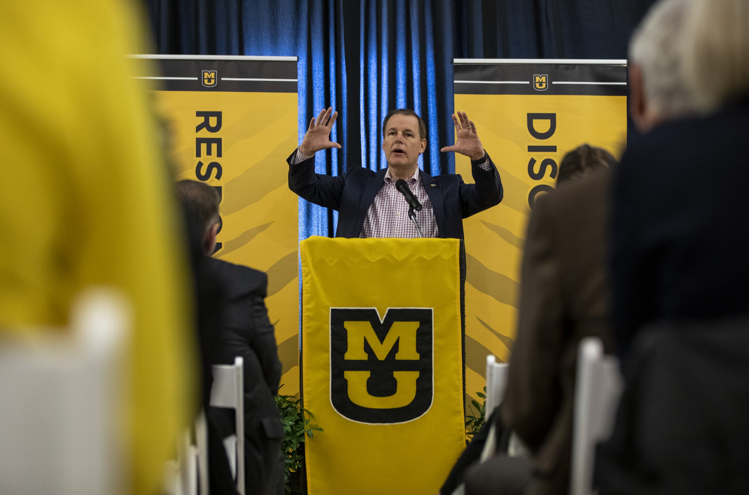 This is a picture of MU alumnus Mike Brown discussing his vision for the NextGen Precision Institute during the event where he announced a $2 million gift. 