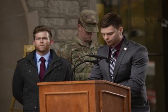 Student veterans speak at Memorial Tower on the University of Missouri Campus for a wreath-laying ceremony in honor of Veterans Day. A panel of student veterans will participate a training on Monday, March 9, to help the community better understand the issues facing veterans on campus.