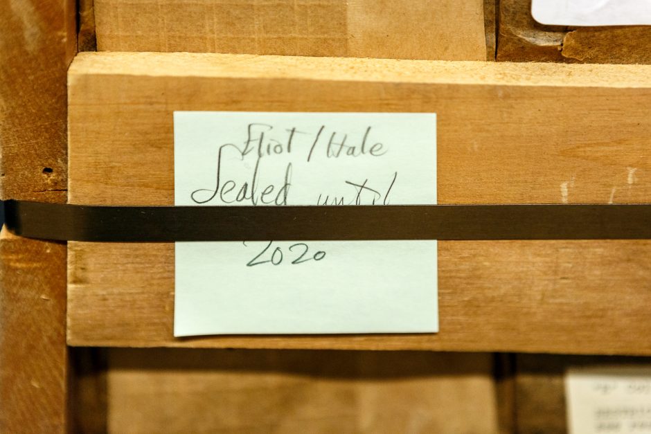 The crate pictured housed the collection for over 60 years and held a post-it note that read, 'Eliot/Hale, sealed until 2020.' Photo by Shelley Szwast, Princeton University Library