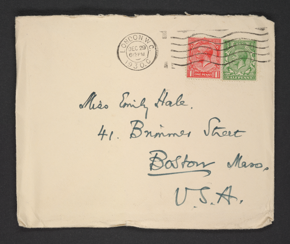 An envelope addressed to Emily Hale at 41 Brimmer Street in Boston, Massachusetts, digitized, and handwritten by T.S. Eliot. Photo by Ashley Gamarello, courtesy of Princeton University Library